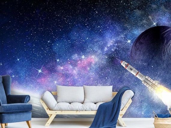 Space Rocket Universe Planet Stars Kids Wallpaper Blue Purple - Etsy Australia Space Rocket Universe Planet Stars Kids Wallpaper Blue Purple - Etsy Australia
