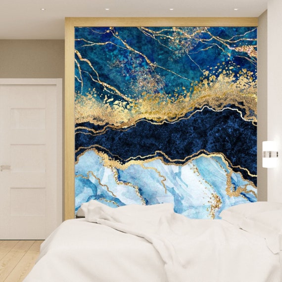 ゴールドとブルーの大理石の流体アートビニール壁紙 - 大きな壁画