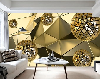 Golden Balls 3D Wallpaper: Modern Geometric Wall Mural