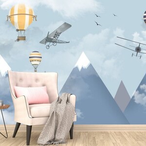Carta da parati per bambini Blue Mountains Air Balloons Aircraft Carta da parati per bambini dal design esclusivo Carta da parati fotografica per neonato