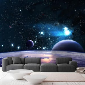 Starry Sky Space Wallpaper: Kids Room Decor, Purple Planets Wall Mural