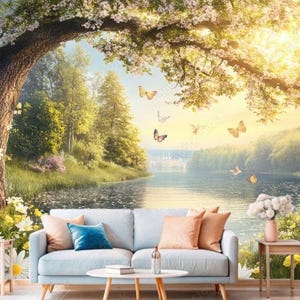 Décoration murale pour chambre d'enfant, forêt de conte de fées, arbres de fées en fleurs, forêt, papillons, lac, décoration murale panoramique pour fille papier peint sur mesure