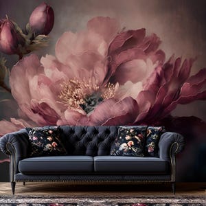 Elegante carta da parati vintage con peonie Carta da parati fotografica floreale di lusso Decorazione murale moderna Ricche tonalità rosa e bordeaux Peonie Grande murale da parete