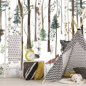BabyTapete Aquarell Wald mit Tieren Bear_Fox_Raccoon_Owl Kinderzimmer Wand dekor Vinyl Fototapete Wald große Wand wandbilder