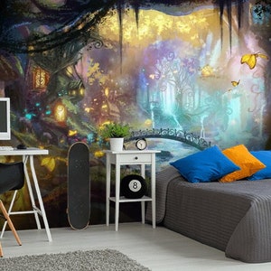 Colorful Forest of Fairies With Magical Glowing Plants Photo Wallpaper Kids Room Wall  Magic Forest Wall Mural