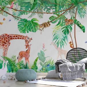 Tropical Jungle Animals Wallpaper Mural: Kids Room Decor