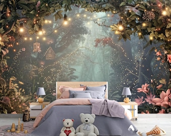Sparkling Forest Wallpaper: Magical Lanterns & Flowers Children's Room Decor