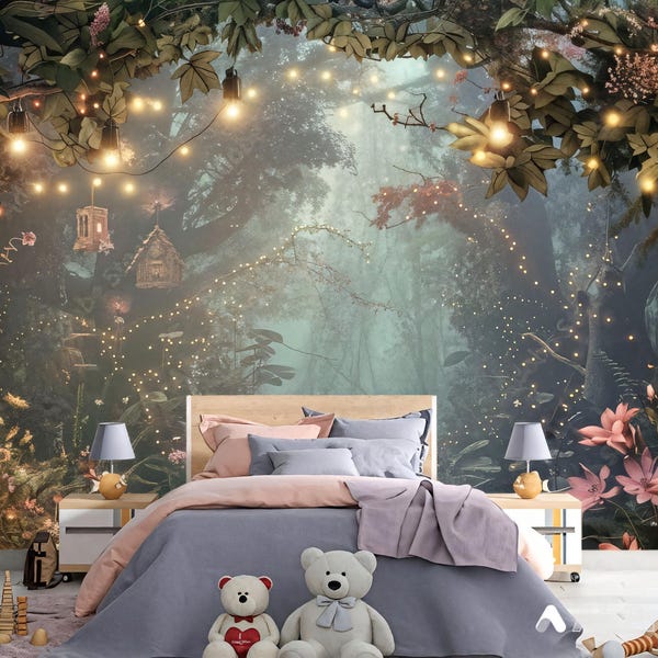 Sparkling Forest Wallpaper: Magical Lanterns & Flowers Children's Room Decor