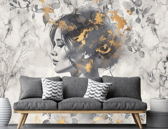 Marble Woman Face Wallpaper Mural: Modern Gray Floral Wall Decor