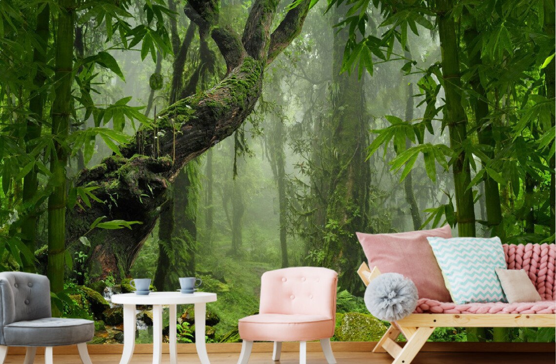 Jungle Wall Murals Wall Decor Trees Misty Forest Landscape Etsy