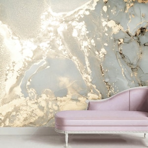 Fluid Art Tapete Gold & Grau: Abstrakter Marmor Vinyl Wandbild