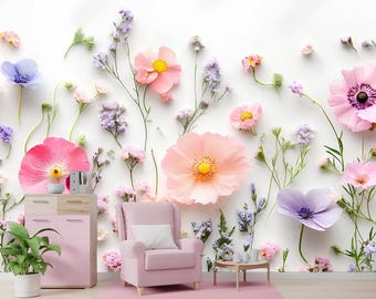 Floral Wallpaper: Pastel Wildflower Wall Mural, Modern Wall Decor