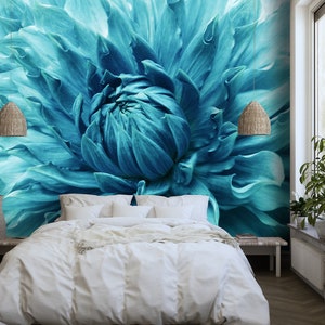 Turquoise Dahlia Flower Vinyl Wallpaper: Macro Floral Wall Decor