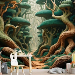 Enchanted Forest Wallpaper for Kids Room Magical Woodland Mural with Whimsical Trees Fantasy Decor Wallpaper 3D Abstract Forest Large Mural