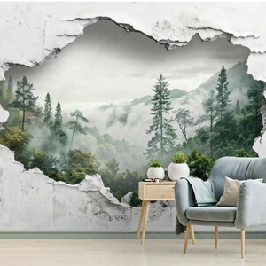 Carta da parati murale 3D con paesaggio forestale, effetto muro rotto, montagne nebbiose, decorazione panoramica, carta da parati moderna, grandi murales con foresta