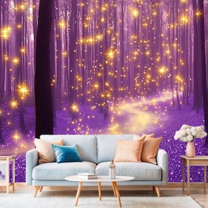 Verzauberte violette Waldtapete - magisches Wandbild mit leuchtenden Lichtern, Fantasiedekor für Wohnzimmer, Schlafzimmer oder Kinderzimmer