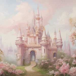 Carta da parati Castello della principessa Castello rosa magico tra le nuvole Decorazione murale moderna Camera della bambina Carta da parati fotografica Torre magica Grandi murales da parete