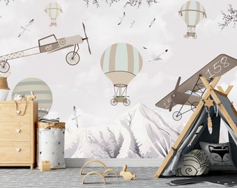 Biplane & Hot Air Balloon Wallpaper: Snowy Mountain Nursery Mural