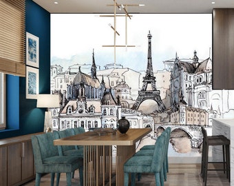 Paris View Wallpaper: Akvarell stadsbild väggmålning