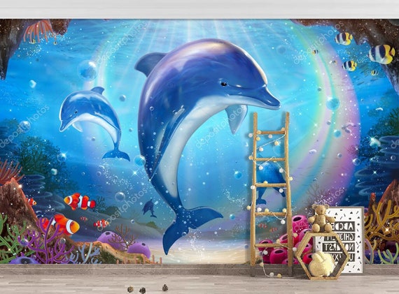 Kids Wallpaper Lovable Dolphins Colorful Tropical Ocean With - Etsy Denmark Kids Wallpaper Lovable Dolphins Colorful Tropical Ocean With - Etsy Denmark