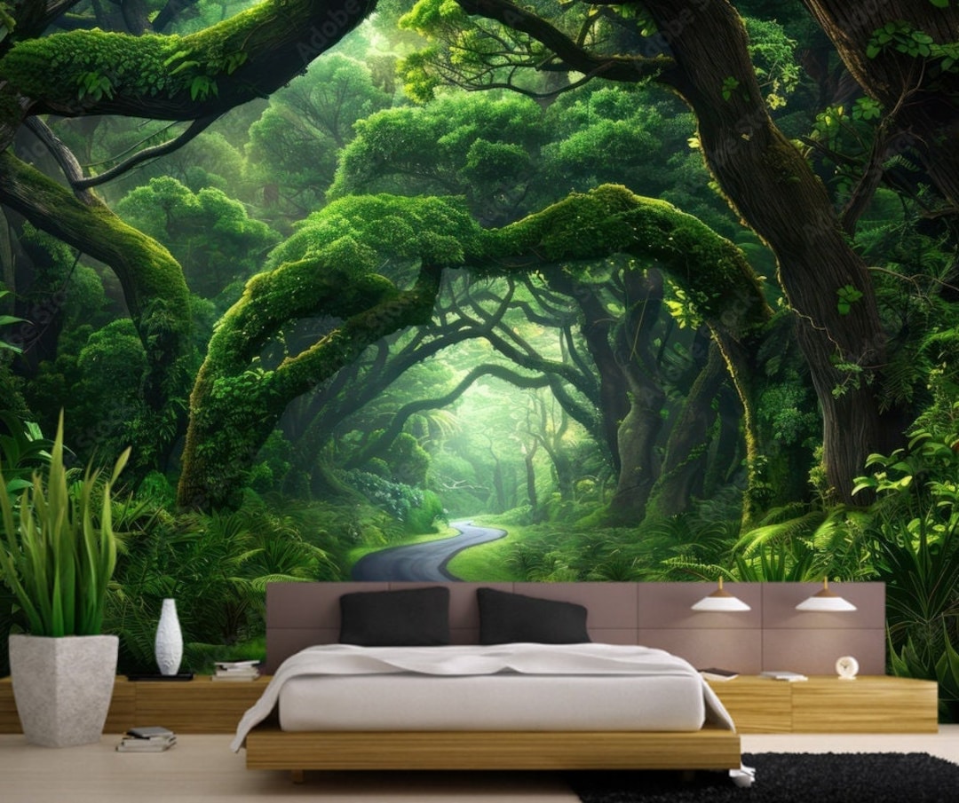 Enchanted Forest Road Mystical Green Forest Wallpaper Modern Wall Decor ...