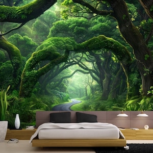 Enchanted Forest Road Mystical Green Forest Wallpaper Modern Wall Decor Nature Fantasy Photo Wallpaper Large Wall Murals Personalization