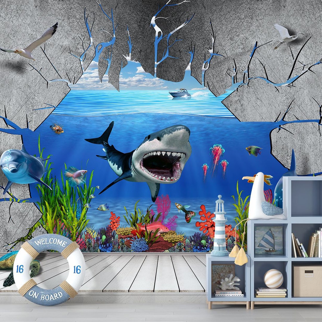 3D Wallpaper Shark Dolphin Broken Wall Kids Photo Wallpaper Modern Wall ...