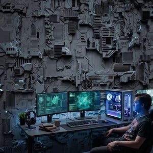 May include: A modern gaming setup featuring three monitors displaying data, a desktop computer with internal lighting, and a person seated in a gaming chair. The background is a textured wall with a futuristic design.