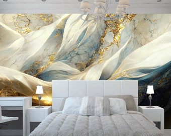 Marble Blue Gold Waves Wallpaper: Modern Fluid Art Wall Mural