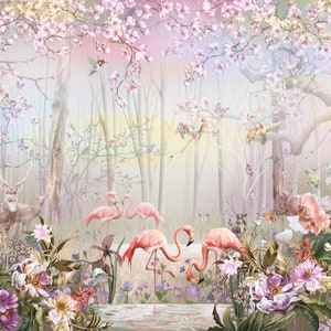 Foresta magica Fenicottero rosa Carta da parati per camera dei bambini Fiori tropicali Decorazioni da parete moderne Decorazioni per la camera dei bambini Carta da parati fotografica in vinile non tossica