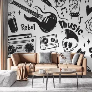 Musica, Rock, Cool, Carta da parati per la camera dei ragazzi Decorazioni murali moderne in bianco e nero Carta da parati fotografica artistica Sala giochi Grandi murales