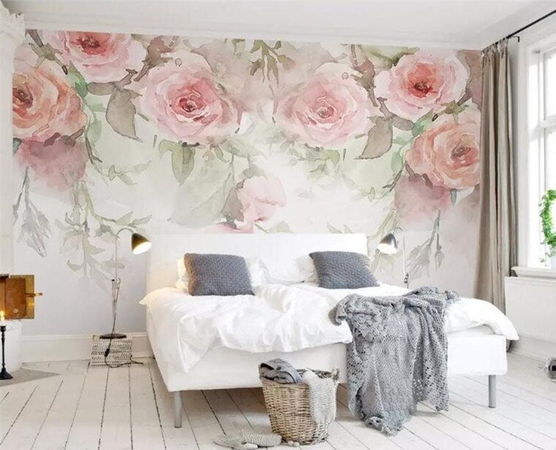 Watercolor Pink Rose Wallpaper: Modern Floral Wall Mural - Etsy
