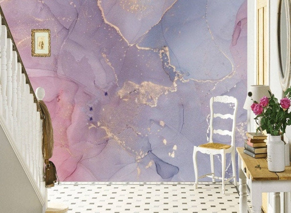Pink Blue Purple Marble Wallpaper Baby Room Decor Abstract Etsy