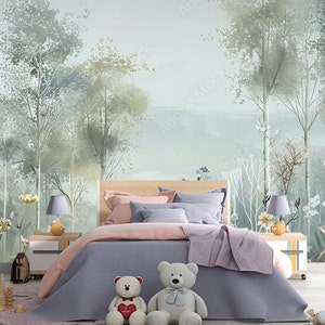 Forest Clearing Pale Mystical Forest Meadow Photo Wallpaper Modern Wall Decor Pastel Forest Large Wall Murals