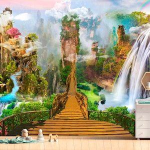 3D Märchen Brücke Kinder Wallpaper Regenbogen Zauberwald Foto Wallpaper exklusive Design Kindergarten große Wandtattoo 3D Wandbilder