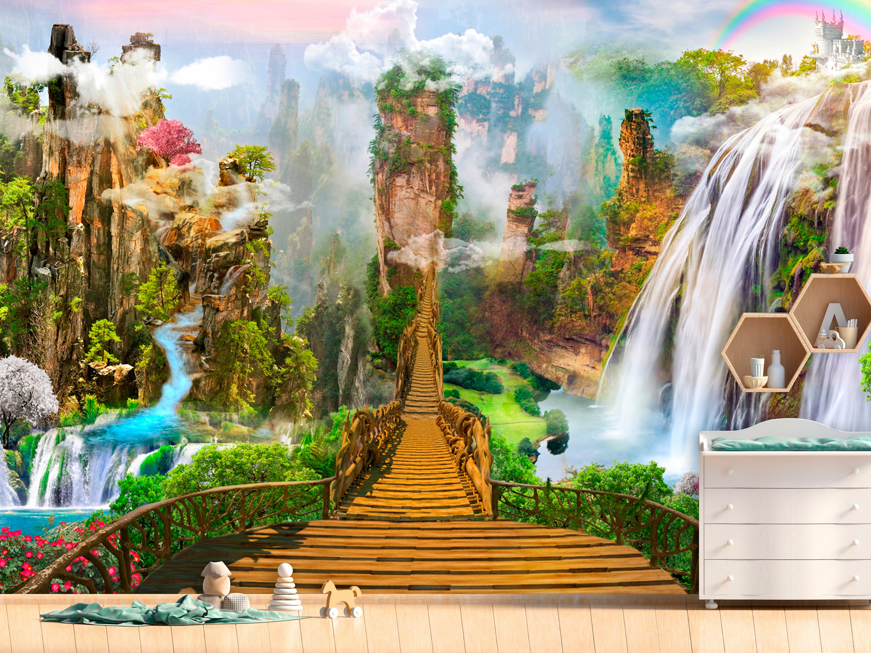 3D Märchen Brücke Kinder Wallpaper Regenbogen Zauberwald Foto Wallpaper  exklusive Design Kindergarten große Wandtattoo 3D Wandbilder