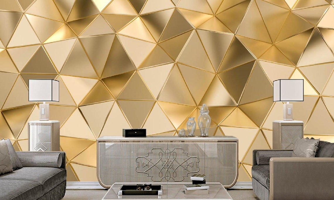 3D Effect Wallpaper Golden Triangles Modern Wall Decor Etsy