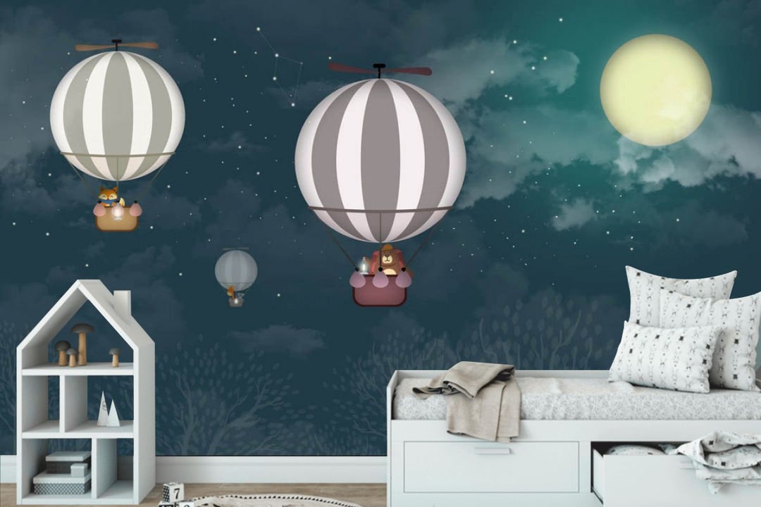 Baby Wall Murals Animals Wallpaper Air Balloons in the Night Sky Photo Wallpaper Kids Room Decor