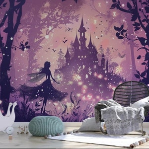 Stravagante foresta viola Castello delle fate Carta da parati magica per bambini con foto Decorazioni da parete moderne Decorazioni per la camera delle neonate Grandi murales premium con scintillii