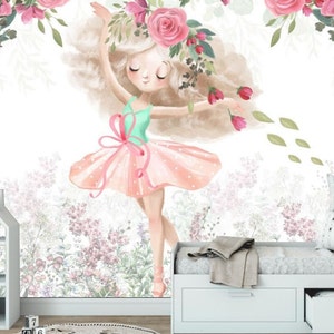 Kleine Ballerina In Schöne Blume Garten Kinderzimmer Foto Tapete Mädchenzimmer Moderne Wand-Dekor Aquarell Pfingstrosen Rosen Großes Wandbild