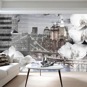 3D Orchids New York City Vinyl Wallpaper: Modern Wall Mural
