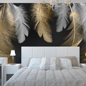 Gold Glitter Feather Wallpaper: Hand-Painted Vinyl Wall Mural
