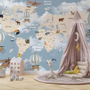 Mapa del mundo azul para niños, papel tapiz, decoración de pared para guardería, murales de pared grandes, decoración de pared para habitación de bebé, mapa de animales de acuarela, murales de pared personalizables