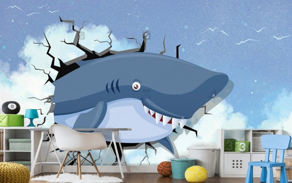 3D Kids Wallpaper Shark and Cracked Wall Sky Blue Background 3D Wall Mural Nursery Room Decor Exclusive Design Photo Wallpaper
