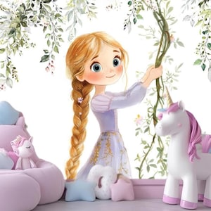 Carta da parati murale "Principessa delle fiabe" per la cameretta delle bambine, decorazione magica per bambini, arte pastello per la cameretta, principessa con abito viola