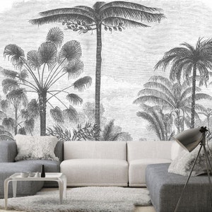 Monochrome Jungle Palms Wallpaper: Modern Black & White Wall Mural