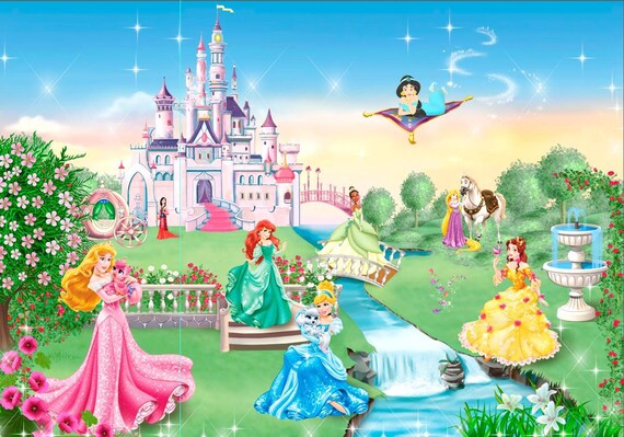 Disney Princess Jasmine Ariel Cinderella Belle Wallpaper Kids Wall Sticker Baby Girl Room Decor Self Adhesive Photo Wallpaper Wall Decals