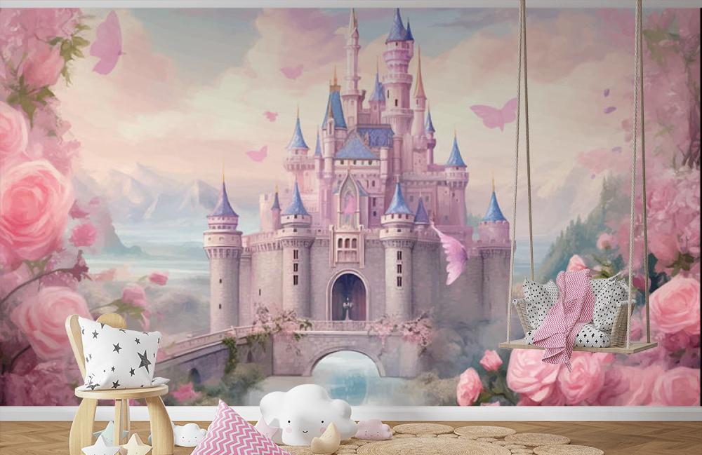 プリンセスキャッスルの壁紙壁画：ピンクのバラの妖精の国の装飾 