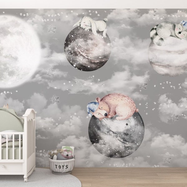 Cute Sleeping Animals Gray Planets Big Moon Baby Wallpaper Modern Wall Decor Kids Room Wall Premium Quality Vinyl Photo Wallpaper Non Toxic