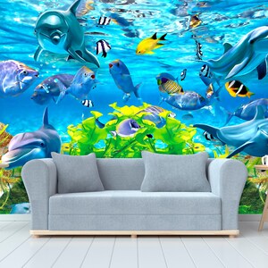 Mondo sottomarino Pesci Delfini Carta da parati Adesivo da parete 3D Decorazione da parete Carta da parati fotografica per bambini Carta da parati oceano 3D
